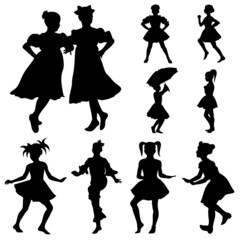 Traditional and pop dances performed by children, set of vector silhouettes.