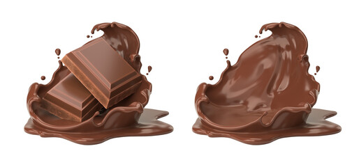 chocolate pieces falling on chocolate sauce with clipping path 3d illustration.