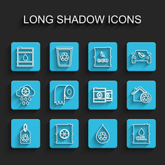 Set line Tag with recycle, Radioactive waste in barrel, Oil, Recycle clean aqua, Toilet paper roll, Eco House recycling and icon. Vector