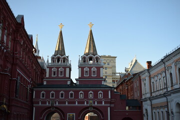 Resurrection gate. Double passage gates of the Kitaygorodskaya wall. The Red Square. Moscow. Russia.