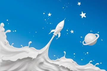 Zelfklevend Fotobehang Splash of milk in form of rocket shape background, with clipping path. 3D illustration. © Anusorn