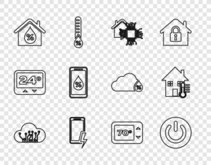 Set line Internet of things, Power button, Smart home, Mobile charging battery, House humidity, Humidity for smart, Thermostat and temperature icon. Vector