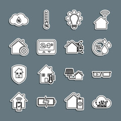 Set line Internet of things, Smart glasses, Humidity, Light bulb and gear, Thermostat, home settings, and icon. Vector
