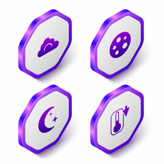 Set Isometric Cloud, Moon, and stars and Thermometer icon. Purple hexagon button. Vector