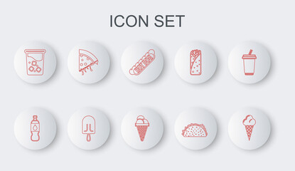 Set line Ice cream in waffle cone, Bottle of water, Hotdog sandwich, Taco with tortilla, Glass, Slice pizza, and icon. Vector