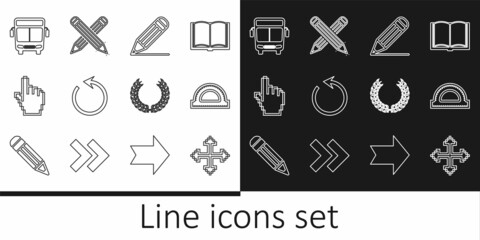 Set line Pixel arrows in four directions, Protractor grid, Pencil and line, Refresh, hand cursor, Bus, Laurel wreath and Crossed pencil icon. Vector