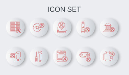 Set line Tv service, Power bank, Toaster, Gamepad, Database server, CD or DVD disk, Screwdriver and wrench and Oven icon. Vector
