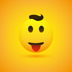 Smiling Young Male Emoji with Hair and Stuck Out Tongue - Simple Happy Emoticon on Yellow Background - Vector Design