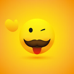 Smiling Emoji - Simple Happy Winking Emoticon with Wawing Hand, Stuck Out Tongue and Mustache on Yellow Background - Vector Design