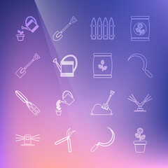 Set line Flower in pot, Automatic irrigation sprinklers, Sickle, Garden fence, Watering can, shovel, and Fertilizer bag icon. Vector
