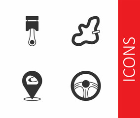 Set Racing steering wheel, Engine piston, helmet and track icon. Vector