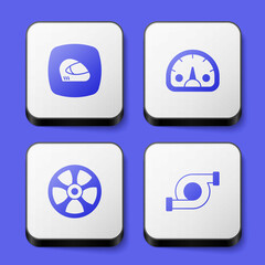 Set Racing helmet, Speedometer, Alloy wheel for car and Automotive turbocharger icon. White square button. Vector