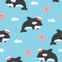 Seamless cartoon little whale sailor pattern. Baby print.  © Afanasia