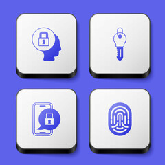 Set Lock, Key, Mobile with closed padlock and Fingerprint icon. White square button. Vector