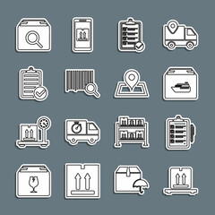 Set line Cardboard boxes on pallet, Verification of delivery list, Cargo ship with, Search barcode, package and Placeholder map icon. Vector