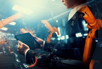 Mechanized industry robot arm and factory worker double exposure . Concept of robotics technology...