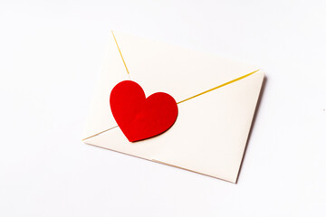 Romantic love letter with big red heart on white background. Flat lay, top view. Happy Valentine's Day concept