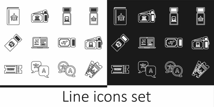 Set line Airline ticket, Train, Laptop with, Bus, Cover book travel guide, and Museum icon. Vector