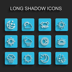 Set line Cloud with rain, Sun, Moon and stars, moon, Sunset and Eclipse of the sun icon. Vector