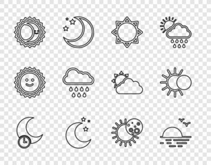 Set line Sleeping moon, Sunset, Moon and stars, Eclipse of the sun, Cloud with rain, and icon. Vector