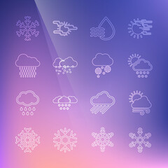 Set line Snowflake, Windy weather, Cloud with snow and sun, Water drop percentage, rain, and icon. Vector
