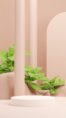 3D illustration rendering image of empty space mockup podium geometric shape and green nature themed for product display