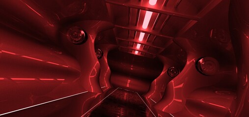 Futuristic tunnel with red neon lights. 3D illustration. Wallpaper in a cyberpunk style. Retro futuristic scene in a style of 80's.