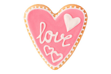 Pink heart cookie with text love and icing isolated on white, flat lay. Romantic pastry for valentine day.