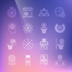 Set line Sports winner podium, Basketball ball and basket, Award with basketball, players, Planning strategy concept, Thoughts, Stopwatch and icon. Vector