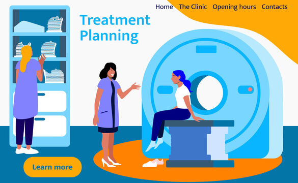 Doctors And A Patient In A Radiation Therapy Room Are Preparing To CT Simulation For Treatment Planning Using The Thermoplastic Mask. The Patient Is Sitting On A CT Scanner Table. Vector Illustration.