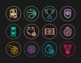Set line Basketball medal, Stopwatch with basketball, Award cup, on sport calendar, game ticket, Certificate award, video and icon. Vector