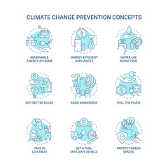 Climate change prevention turquoise concept icons set. Avoid global warming idea thin line color illustrations. Isolated outline drawings. Editable stroke. Roboto-Medium, Myriad Pro-Bold fonts used