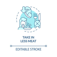 Take in less meat turquoise concept icon. Gas emissions. Climate change abstract idea thin line illustration. Isolated outline drawing. Editable stroke. Roboto-Medium, Myriad Pro-Bold fonts used