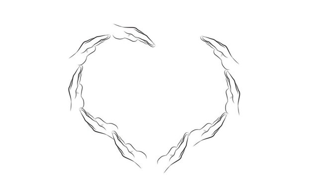 hands line up in the shape of a heart. lettering love video illustration. 4k video. 