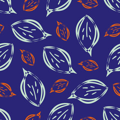 Obraz premium Modern abstract faux mono print scattered leaves background. Seamless vector pattern Simple imitation lino cut effect leaf foliage blue red backdrop. Irregular stamp craft style botanical repeat.