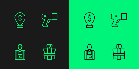 Set line Gift box, Seller, Cash location pin and Scanner scanning bar code icon. Vector