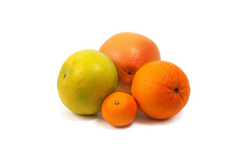 Group of citrus fruits on a white background. On a white background are orange, grapefruit, tangerine. Isolated