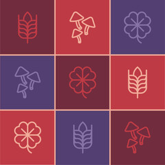 Set line Wheat, Four leaf clover and Mushroom icon. Vector
