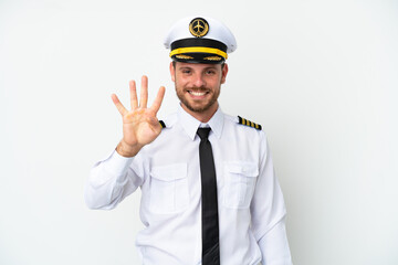 Airplane Brazilian pilot isolated on white background happy and counting four with fingers