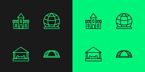 Set line Monkey bar, Sandbox with sand, castle and Playground climbing equipment icon. Vector