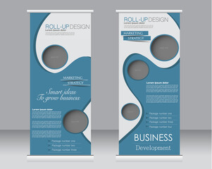 Roll up banner stand template. Abstract background for design,  business, education, advertisement.  Blue color. Vector  illustration.