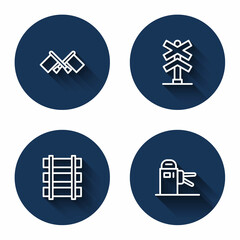 Set line Flag, Railroad crossing, Railway, railroad track and Turnstile with long shadow. Blue circle button. Vector