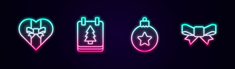 Set line Gift box, Christmas day calendar, ball and bow. Glowing neon icon. Vector