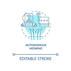 Autonomous mowing turquoise concept icon. Lawn maintenance abstract idea thin line illustration. Isolated outline drawing. Editable stroke. Roboto-Medium, Myriad Pro-Bold fonts used