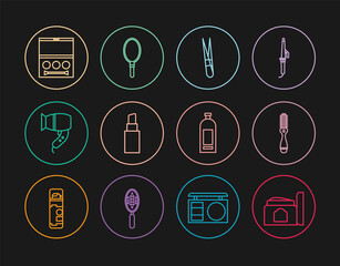 Set line Cream cosmetic tube, Hairbrush, Eyebrow tweezers, Lipstick, dryer, shadow palette, Bottle of shampoo and Hand mirror icon. Vector