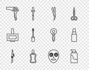 Obraz premium Set line Curling iron, Cream cosmetic tube, Nail polish bottle, Hair dryer, Mascara brush, Facial mask and Lipstick icon. Vector