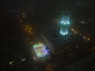 Lviv, Ukraine - December 6, 2021: aerial view of night city center