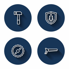 Set line Hammer, Shield with tree, Circular saw blade and Hand with long shadow. Blue circle button. Vector