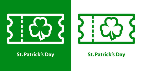 Logotipo con texto St. Patrick's Day con ticket con trebol con líneas en fondo verde y fondo blanco © teracreonte