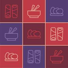 Set line Guotie, Chicken egg and Asian noodles in bowl icon. Vector